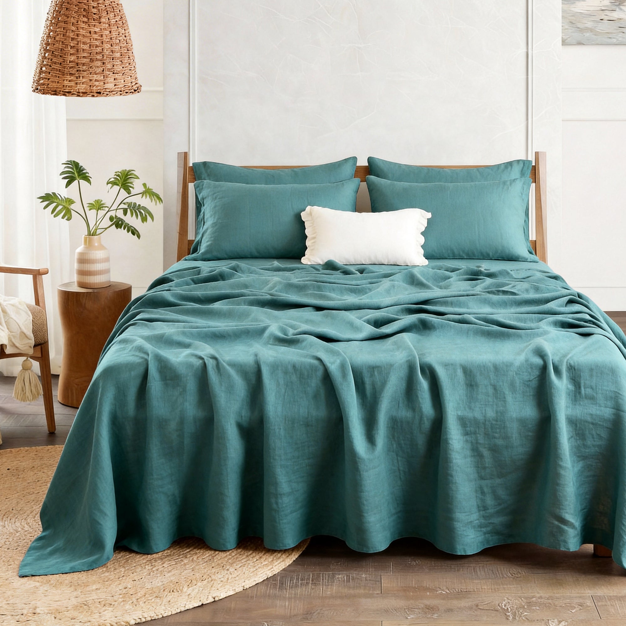 Serenity Teal Linen Sheet Set - Linen Times