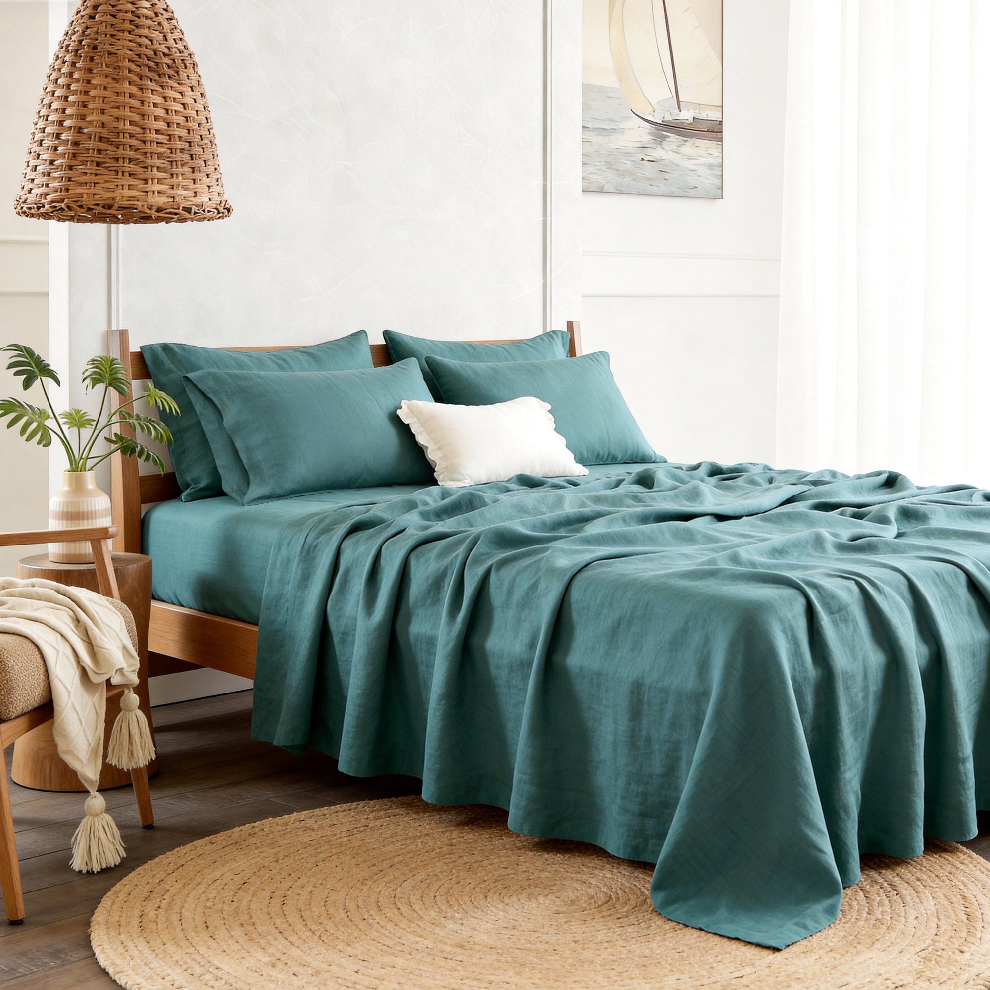 Serenity Teal Linen Sheet Set - Linen Times