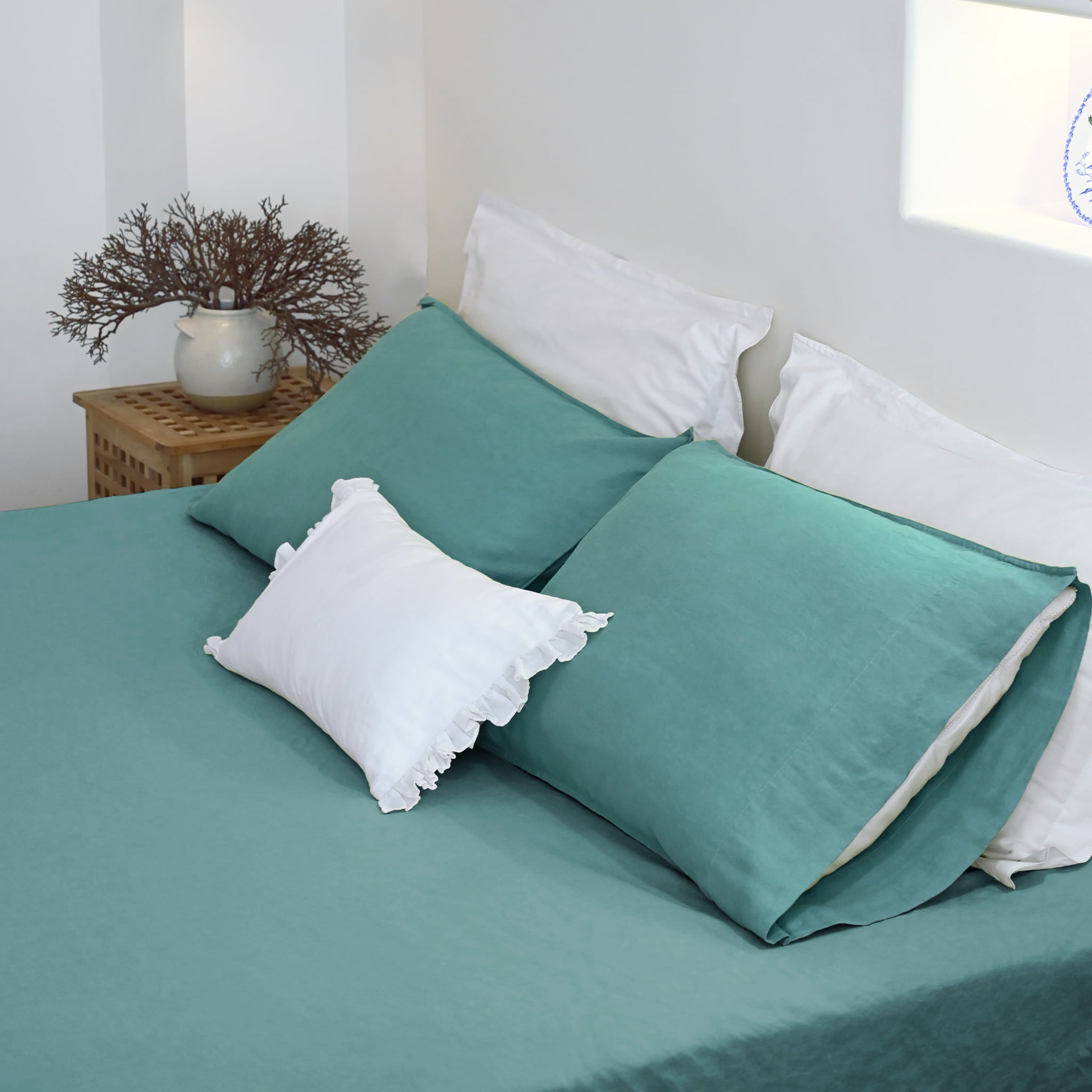Peacock Green Linen Pillowcase Set Deal
