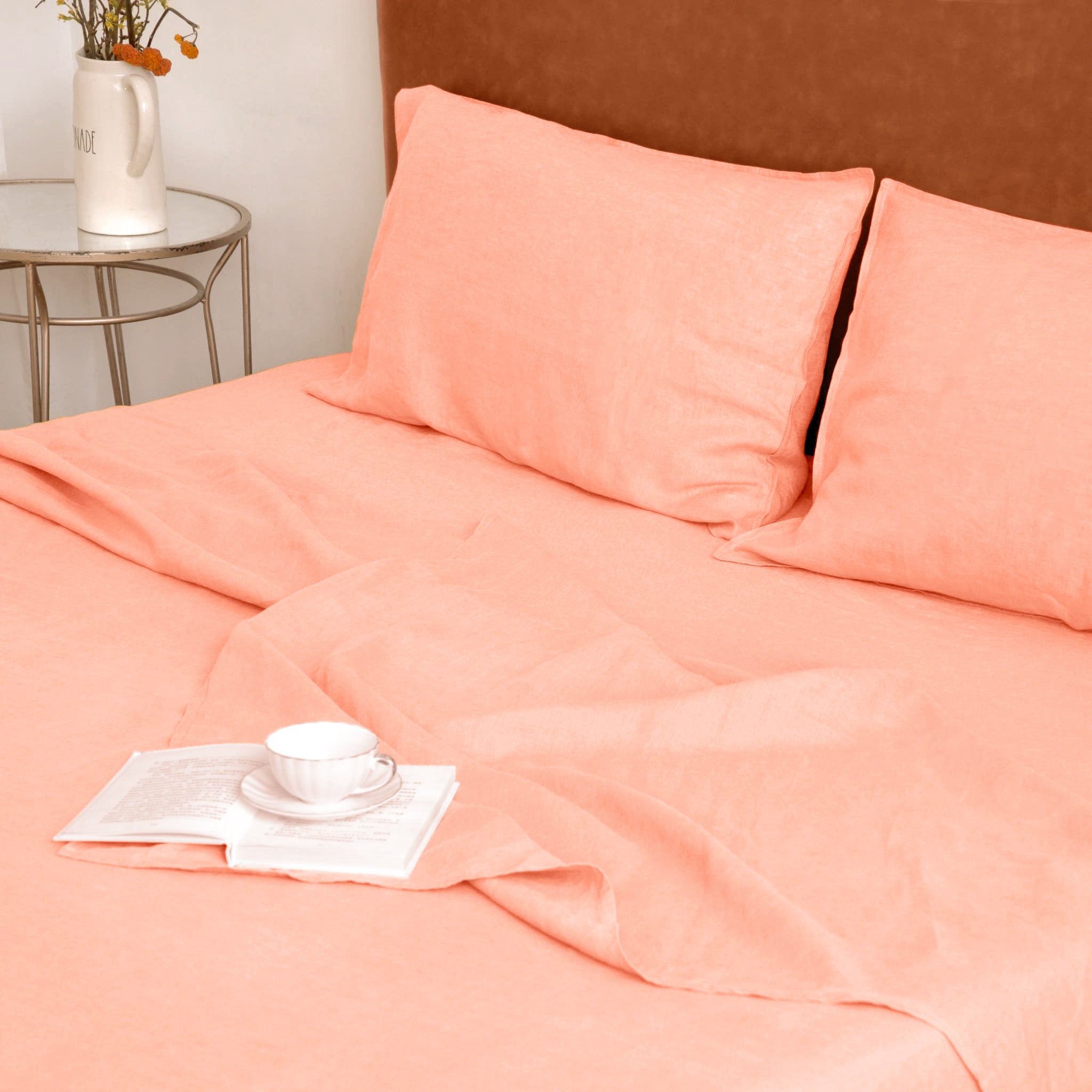 Drap plat en lin rose doux