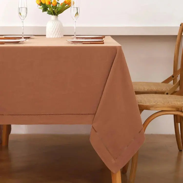 Close-up of the luxurious hemstitch detail on the Macchiato linen tablecloth - Linen Times