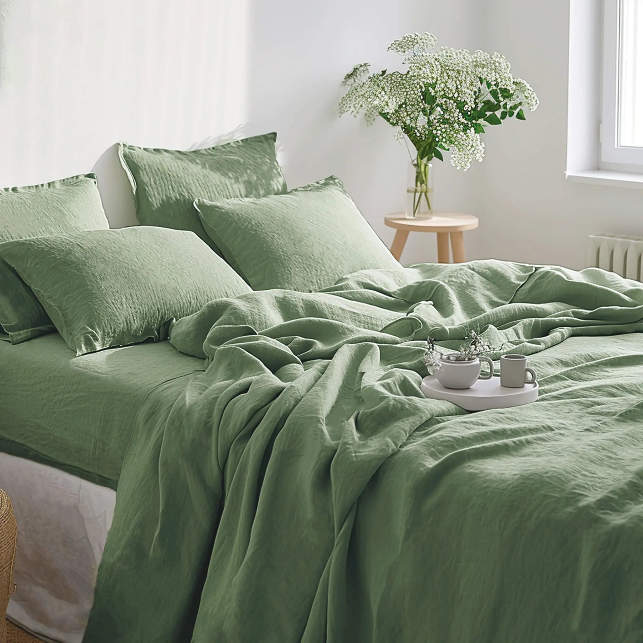 Olive Green Linen Sheet Set - Linen Times