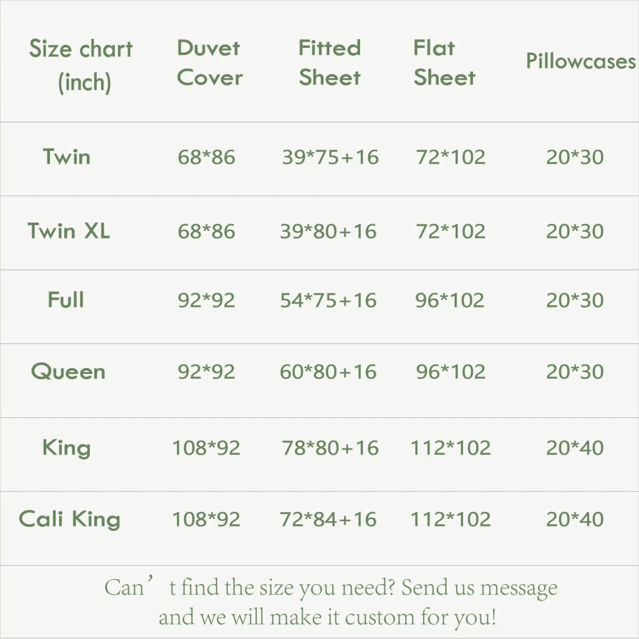 Linen Bedding Size Chart - Linen Time