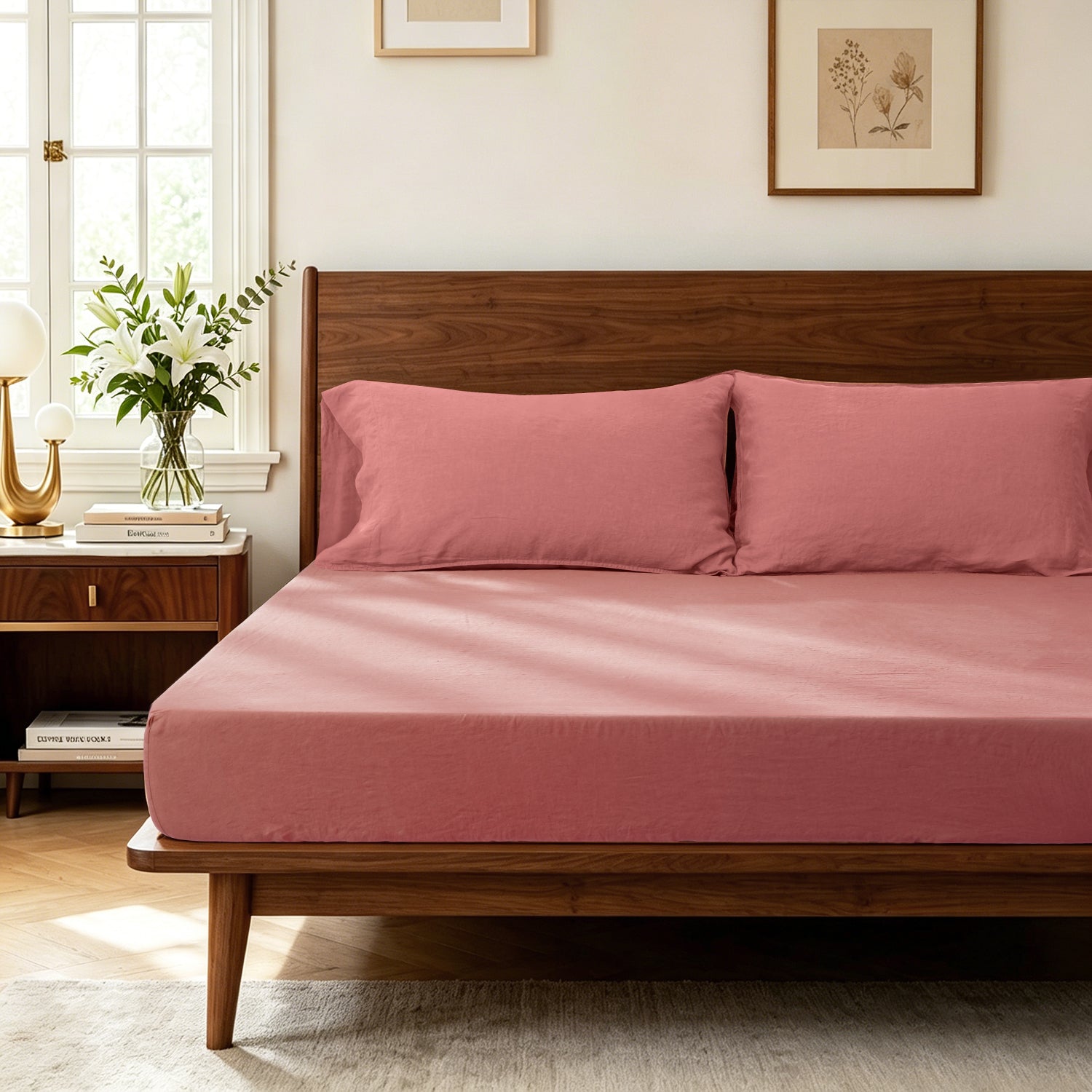 Warm Coral Linen Fitted Sheet