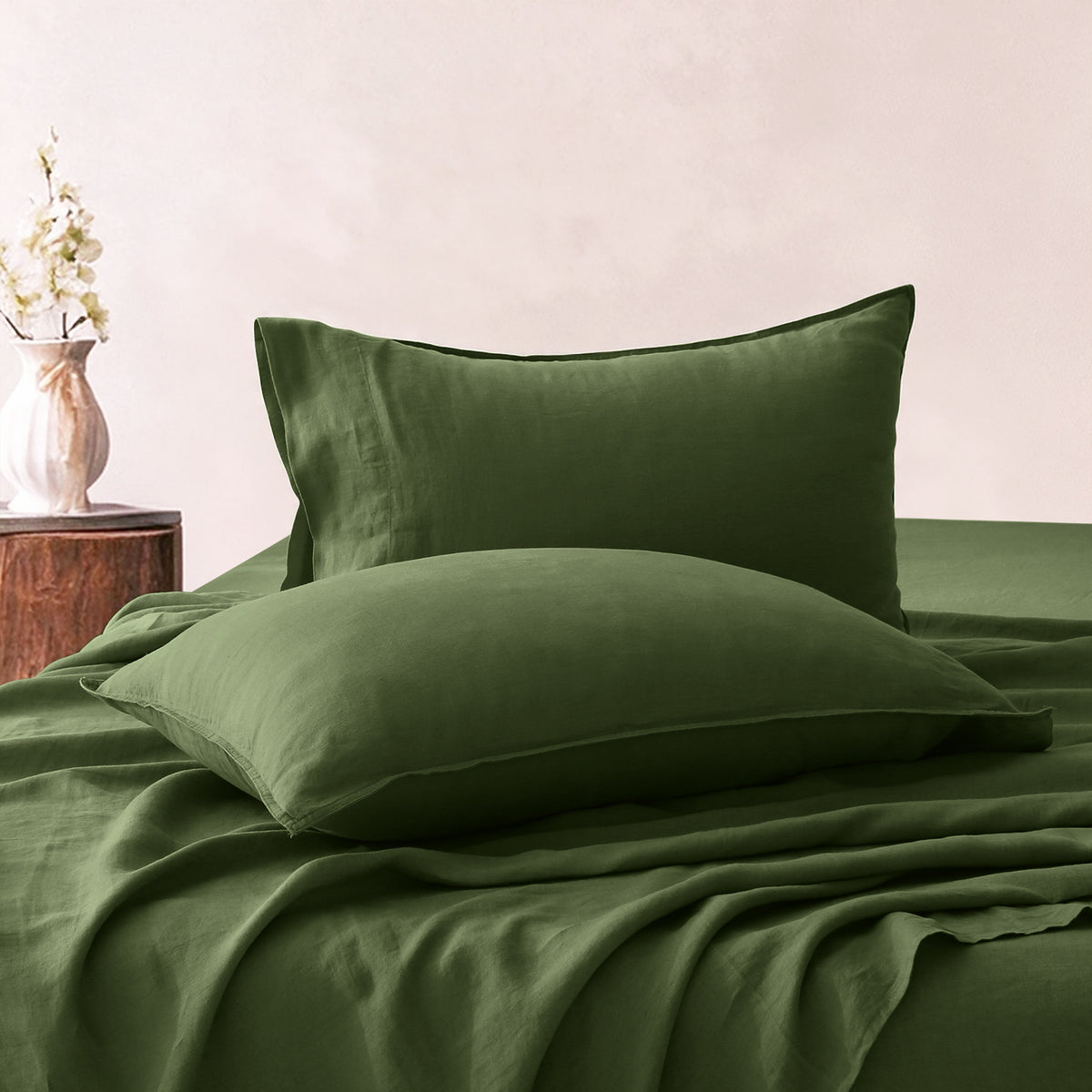 Army Green Linen Pillowcase Set