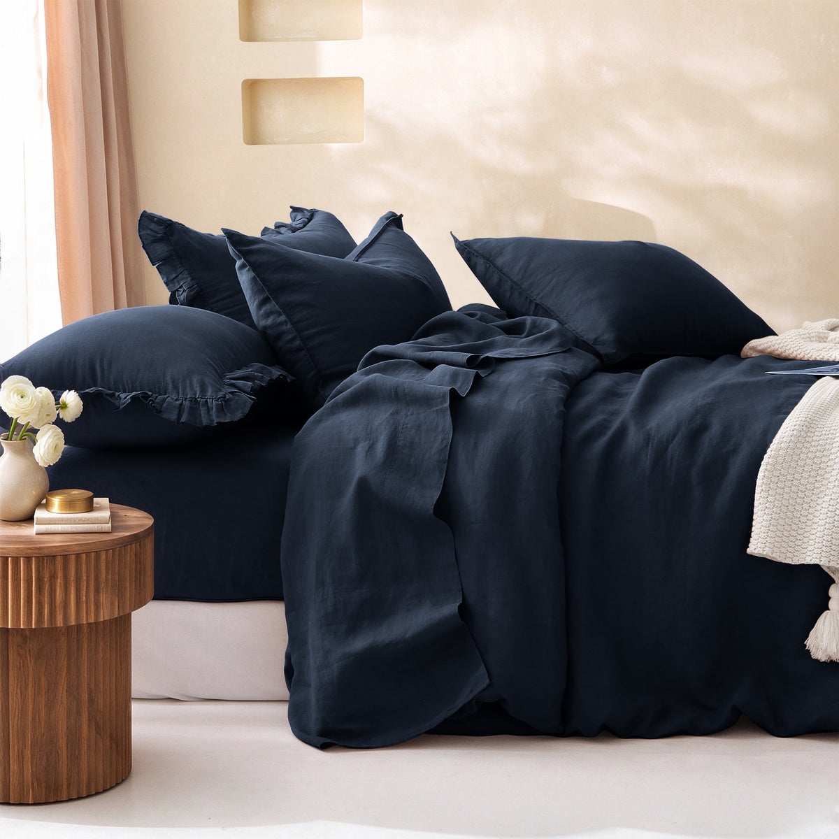 Navy Blue 100% Organic Linen Duvet Cover Set - Linen Times
