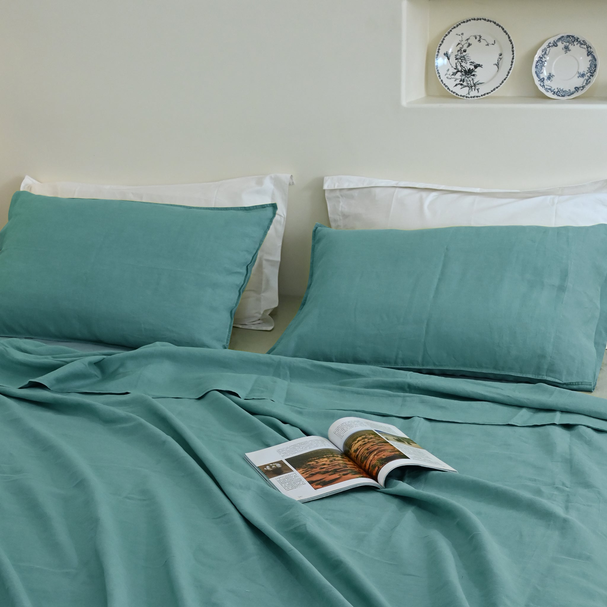 Peacock Green Linen Pillowcase Set Deal