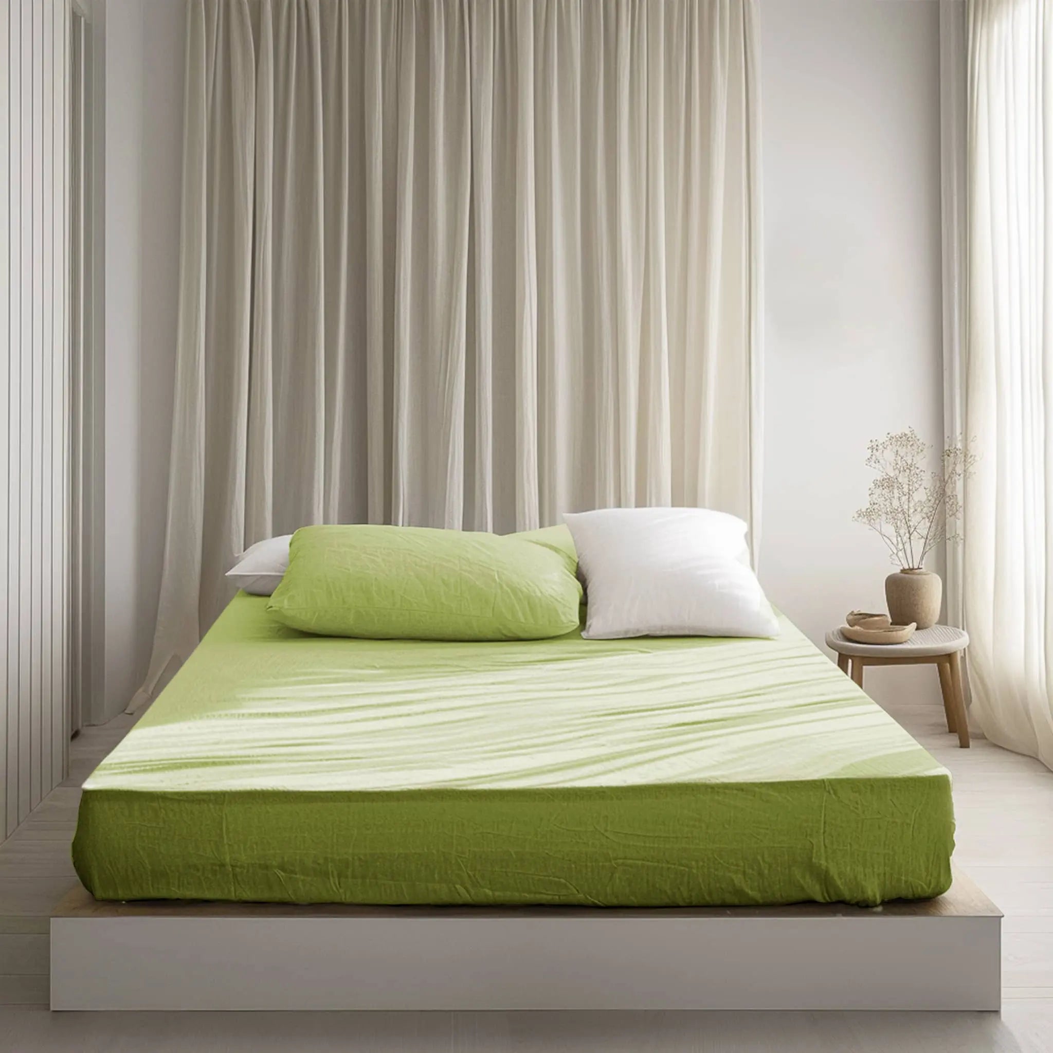 Avocado Linen Fitted Sheet - Linen Time