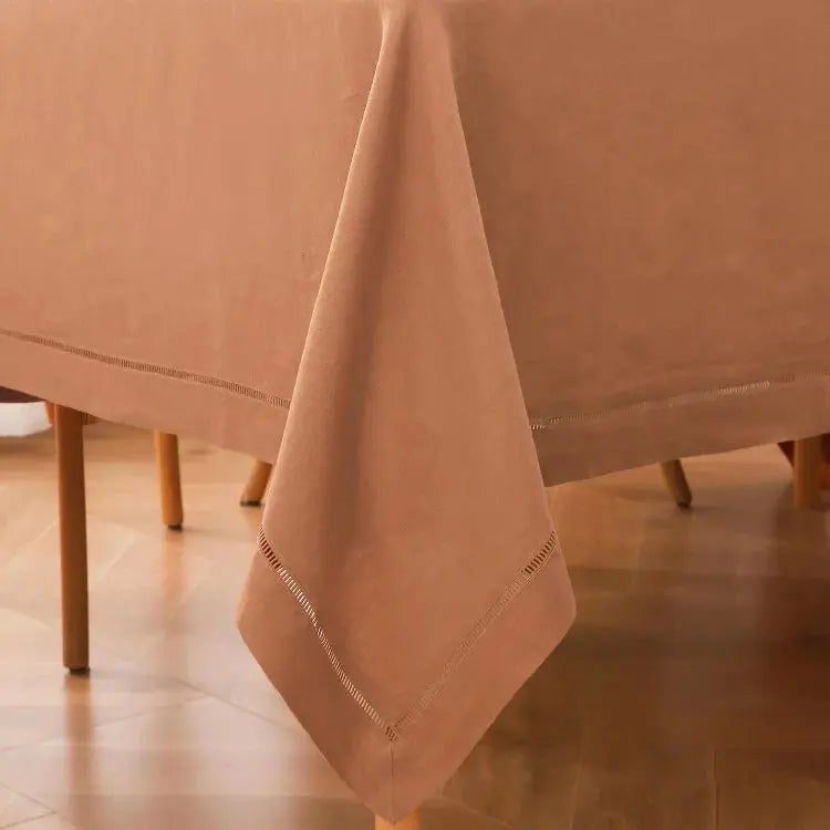 Close-up of the luxurious hemstitch detail on the Macchiato linen tablecloth - Linen Times