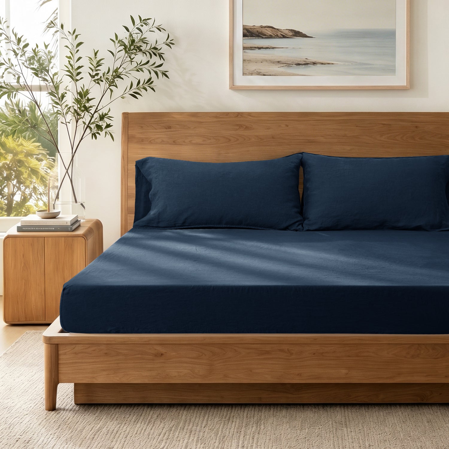 Navy Blue Linen Fitted Sheet