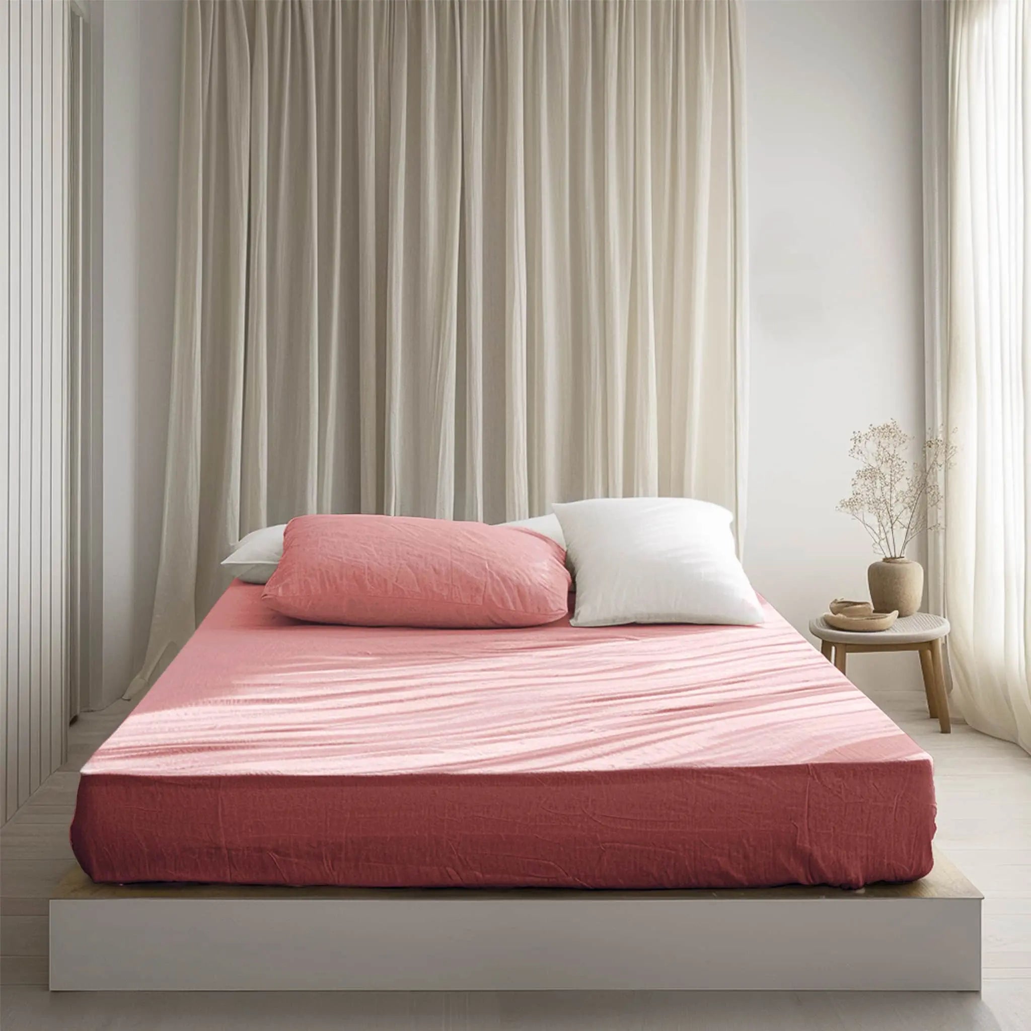 Warm Coral Linen Fitted Sheet - Linen Times