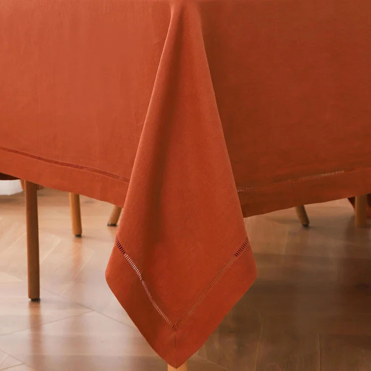 Close-up of the hemstitch detail on Caramel linen tablecloth - Linen Times