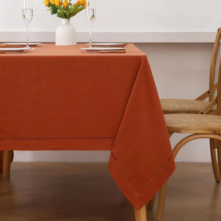 Close-up of the hemstitch detail on Caramel linen tablecloth - Linen Times