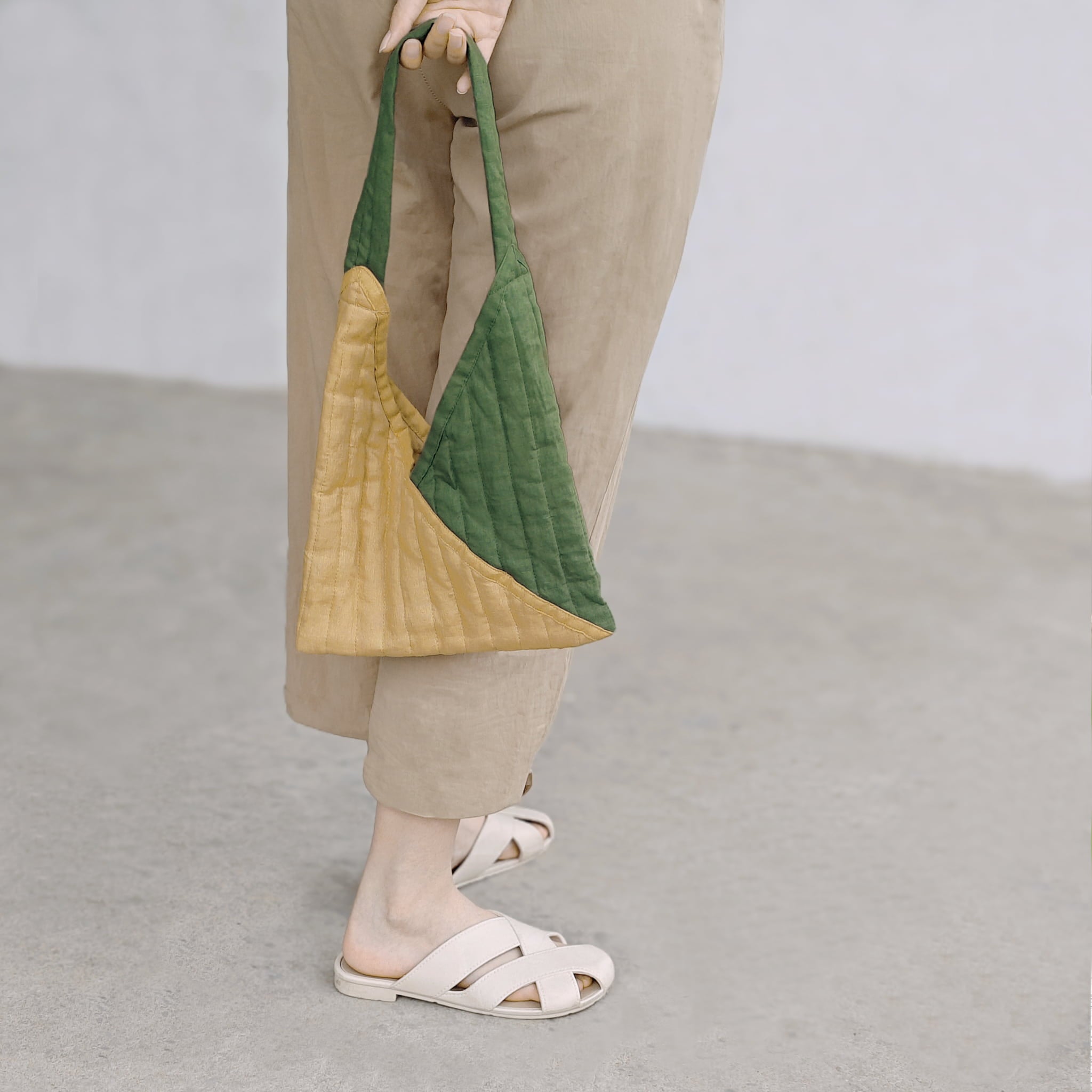 Colorblock Quilted Linen Canvas Bag - Linen Times #color_Green-Yellow