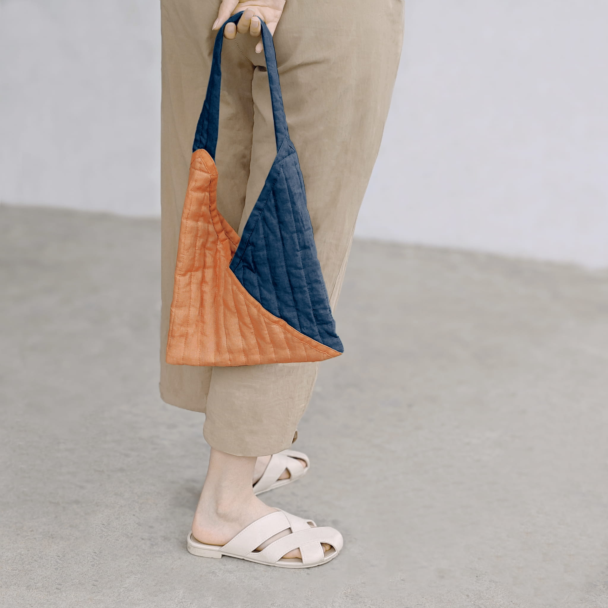 Colorblock Quilted Linen Canvas Bag - Linen Times #color_Blue-Brown