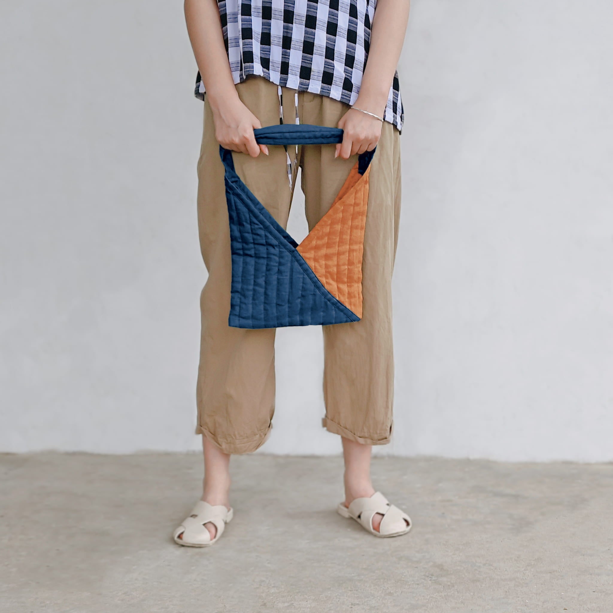 Colorblock Quilted Linen Canvas Bag - Linen Times #color_Blue-Brown