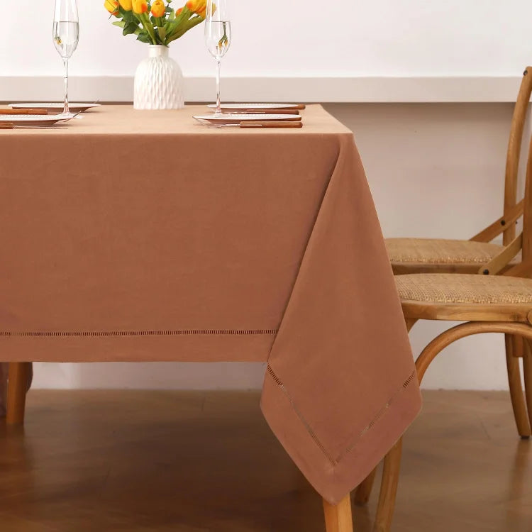 Close-up of the luxurious hemstitch detail on the Macchiato linen tablecloth - Linen Times