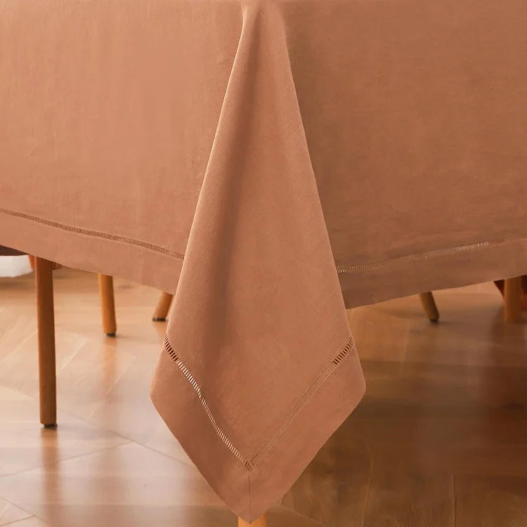 Close-up of the luxurious hemstitch detail on the Macchiato linen tablecloth - Linen Times