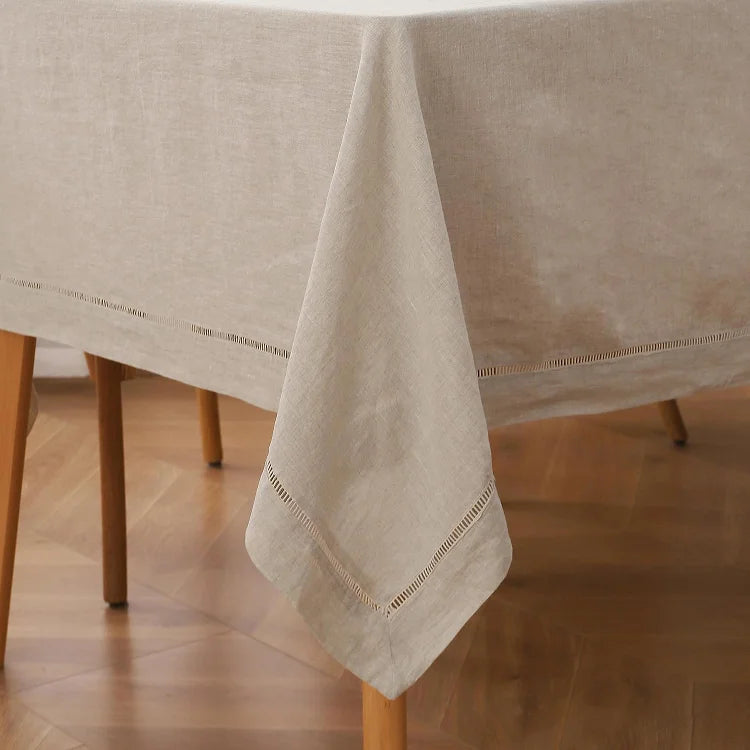 Close-up of hemstitch detail on natural linen tablecloth - Linen Times