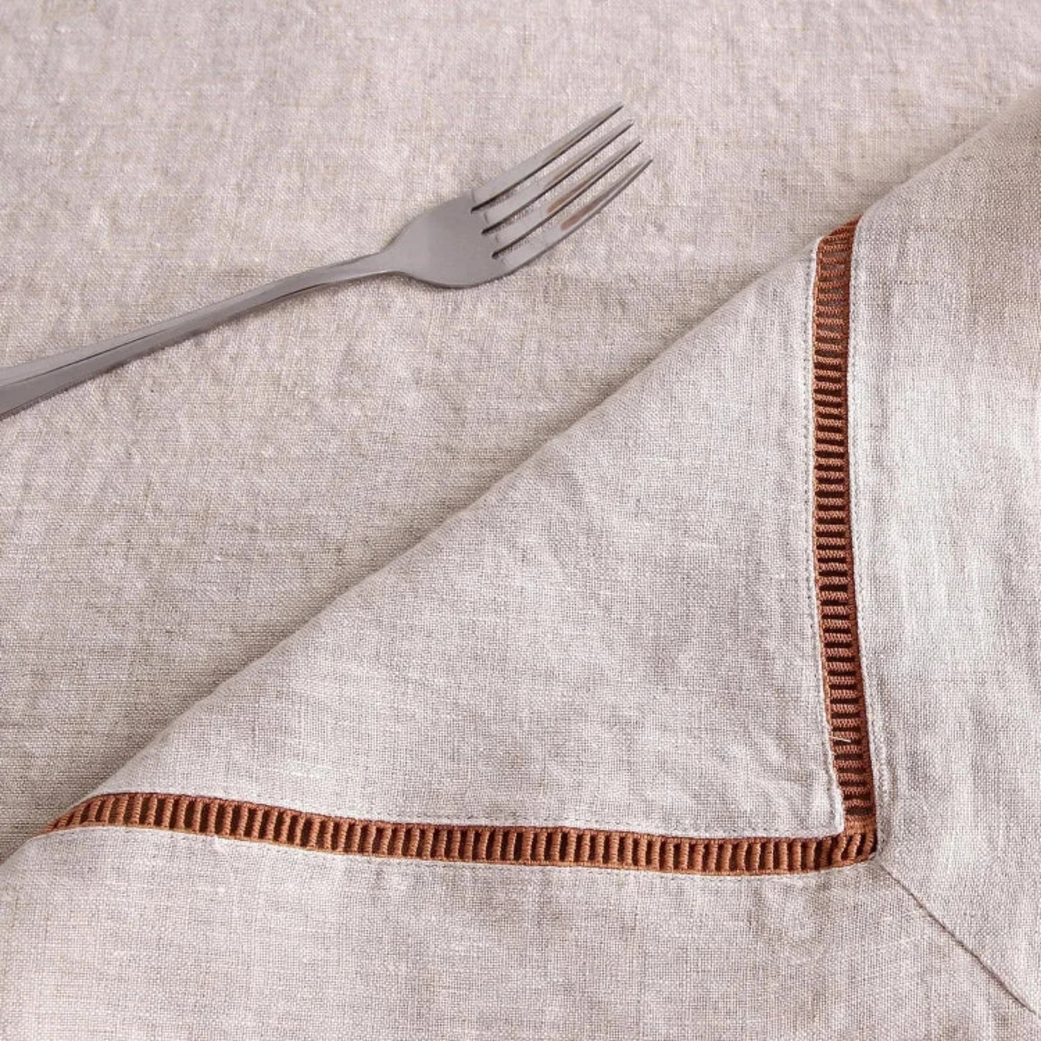 Close-up of hemstitch detail on Natural Macchiato linen tablecloth - Linen Times