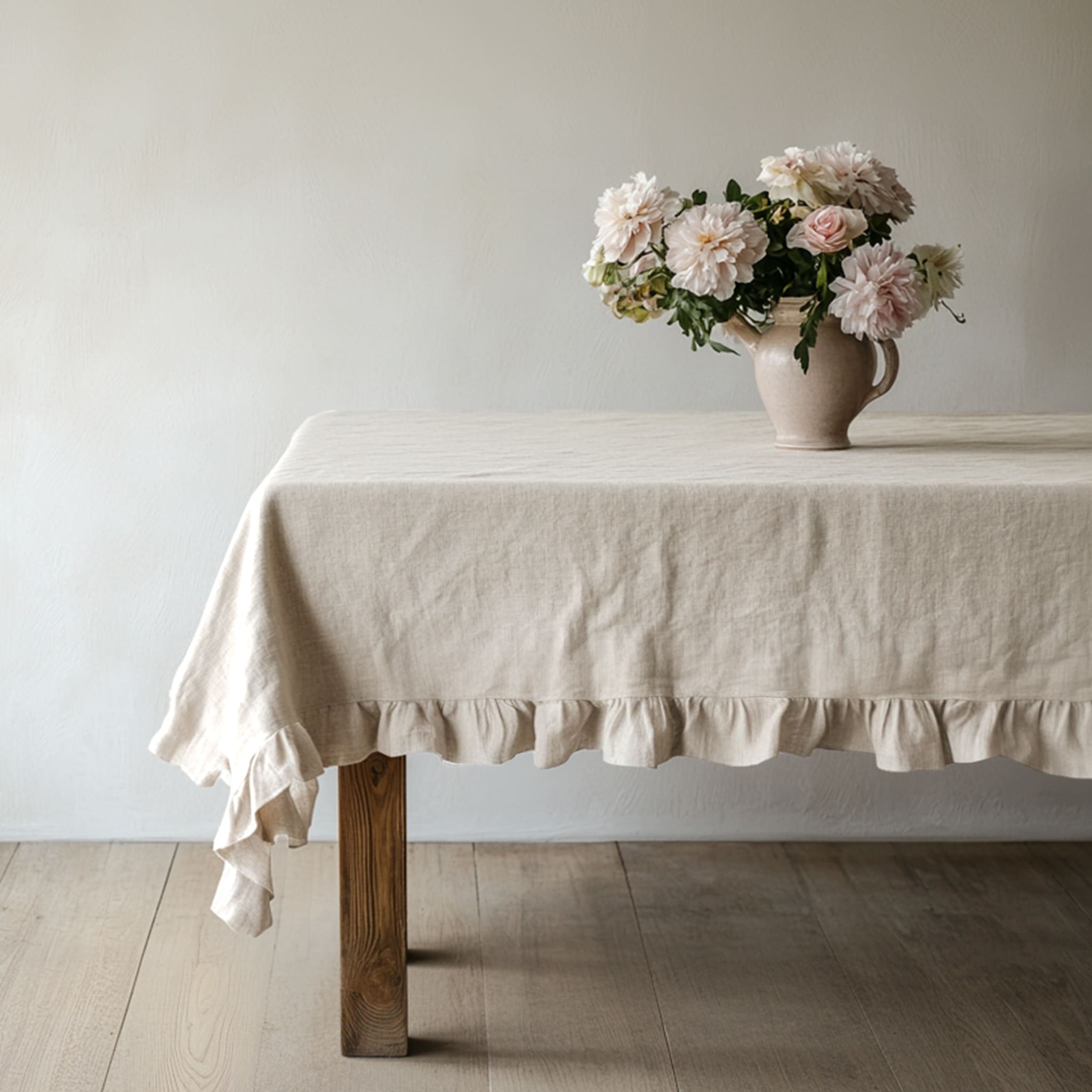 Neutral-toned dining table featuring a natural linen tablecloth with ruffled edges - Linen Times