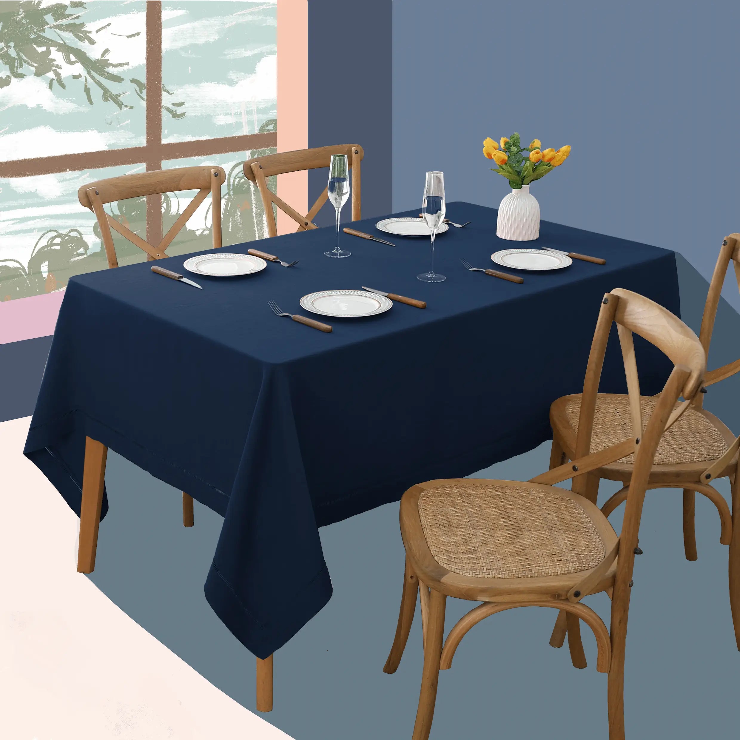 Navy blue hemstitch linen tablecloth elegantly set for a formal dinner - Linen Times