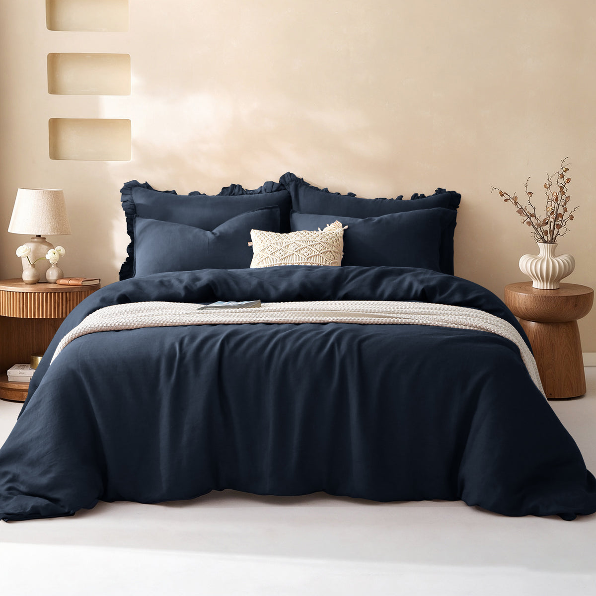 Navy Blue 100% Organic Linen Duvet Cover Set - Linen Times