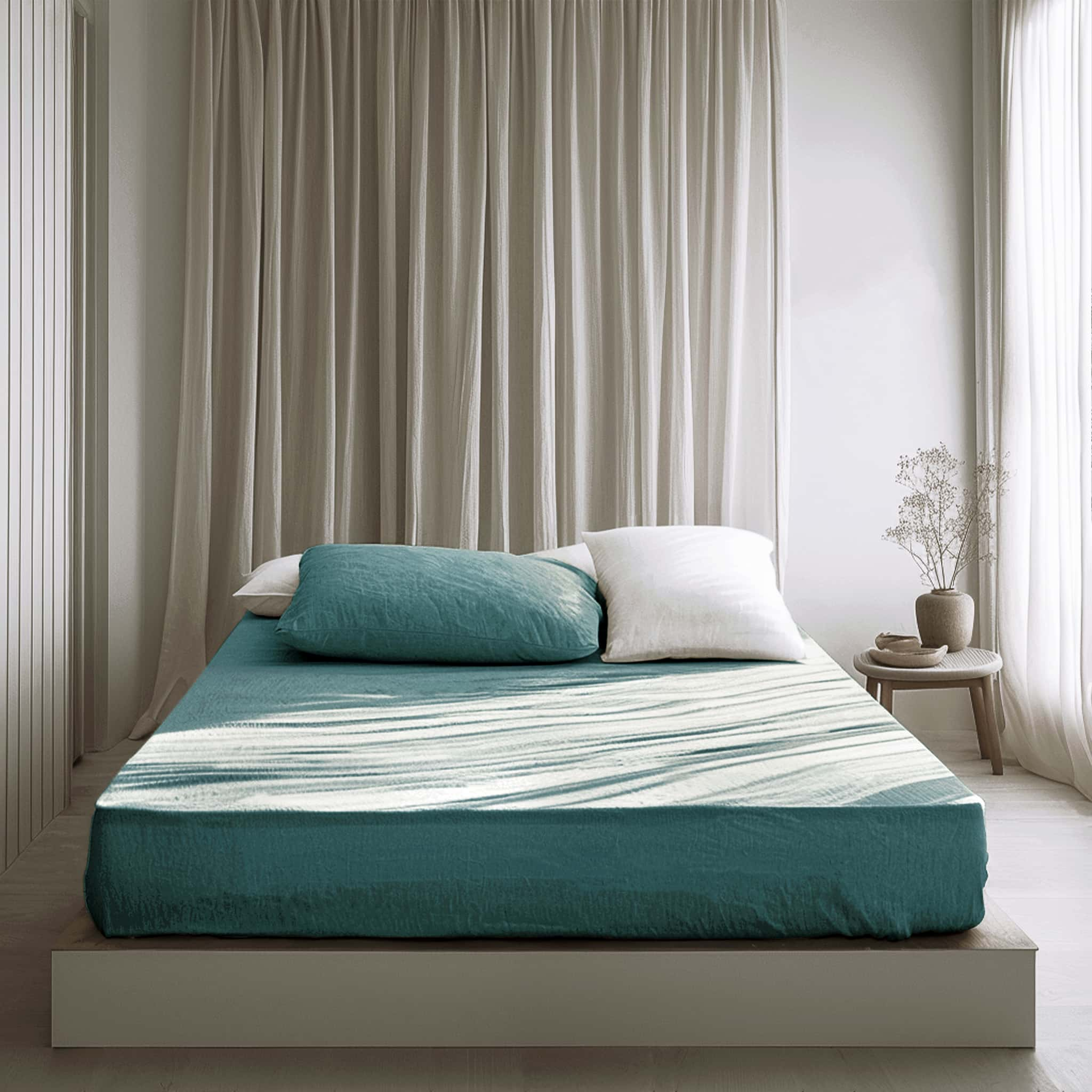 Serenity Teal Linen Fitted Sheet - Linen Times