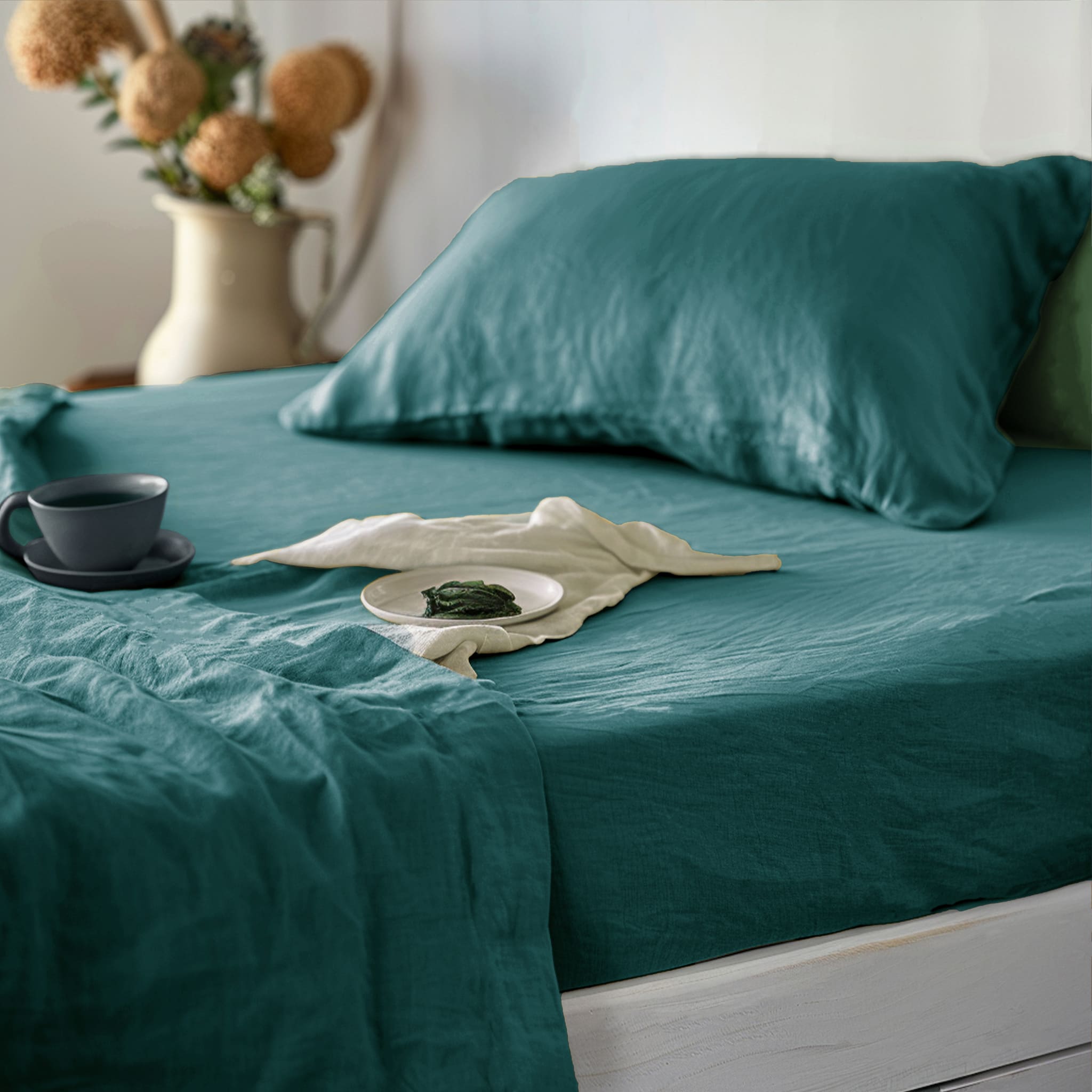 Serenity Teal Linen Fitted Sheet - Linen Times