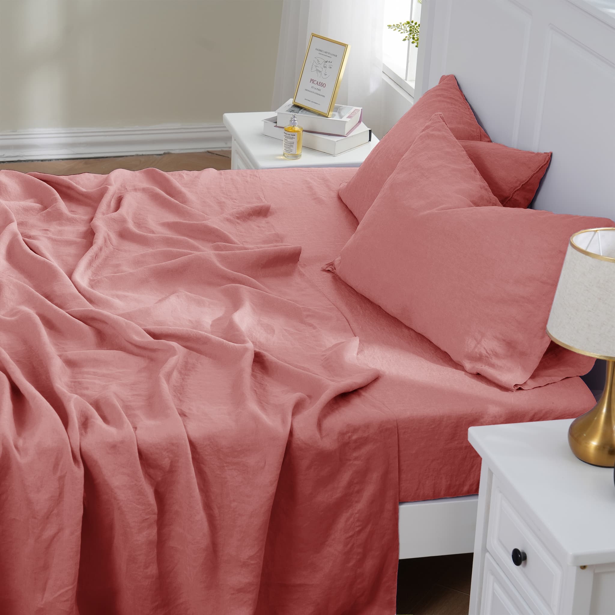 Warm Coral Linen Flat Sheet - Linen Times