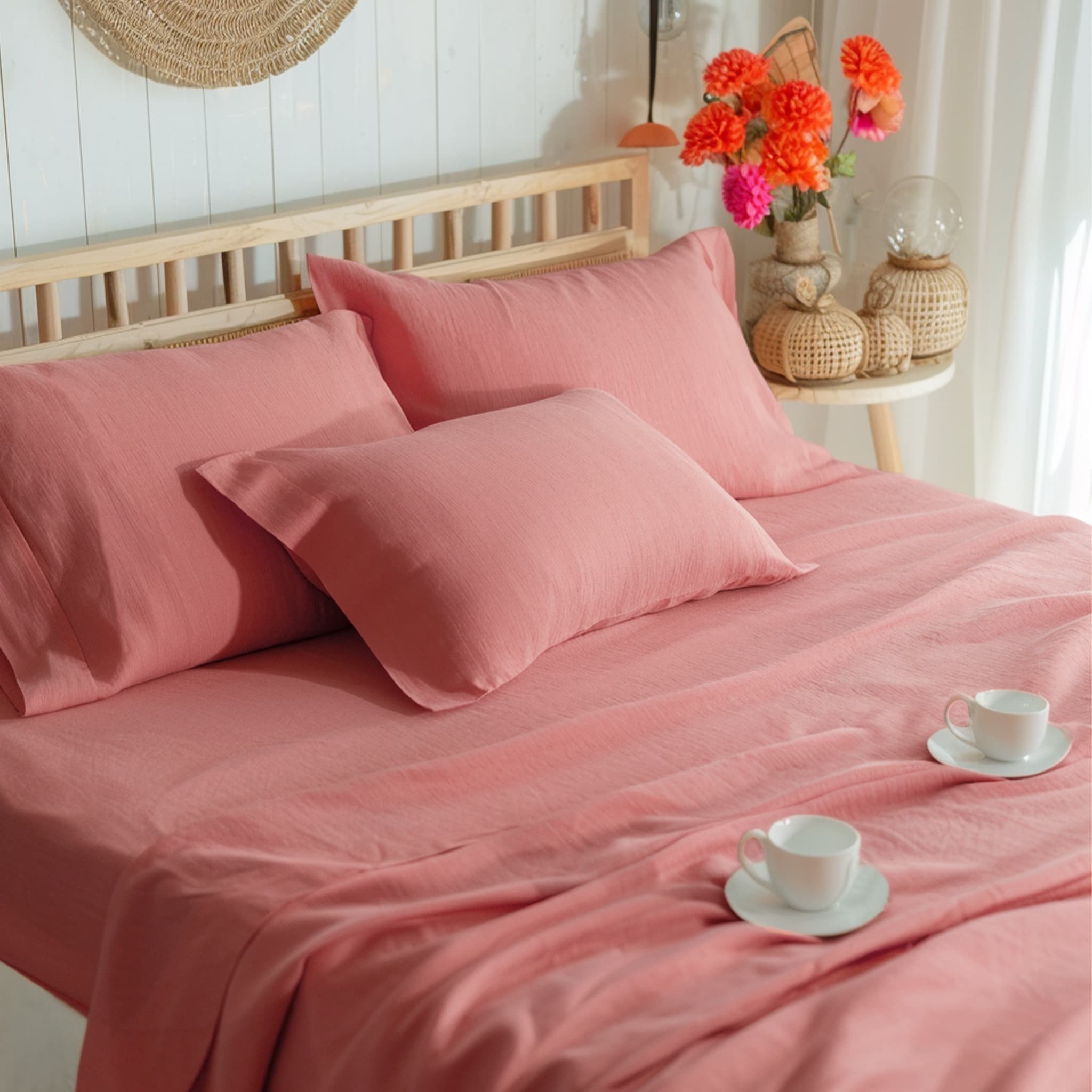 Warm Coral Linen Sheet Set - Linen Times