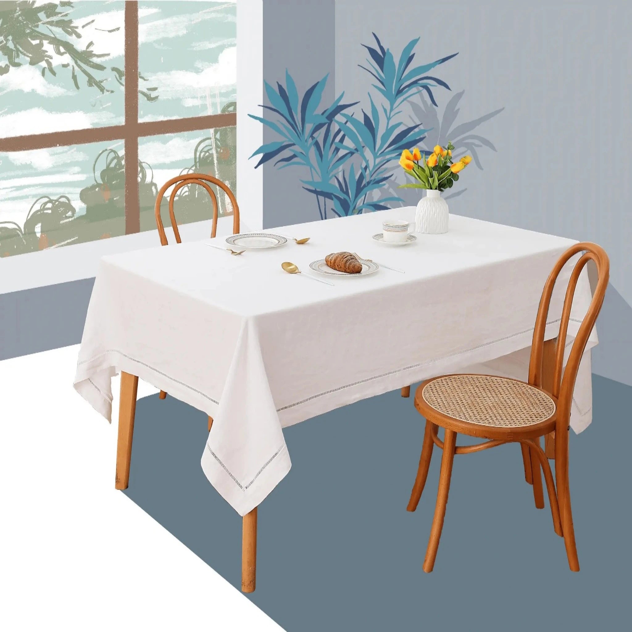 White Linen Tablecloth with Hemstitch - Linen Time