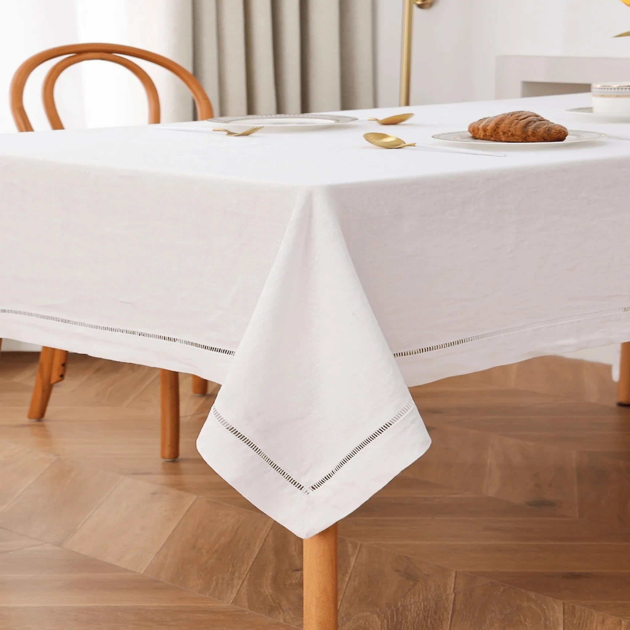 White Linen Tablecloth with Hemstitch - Linen Time