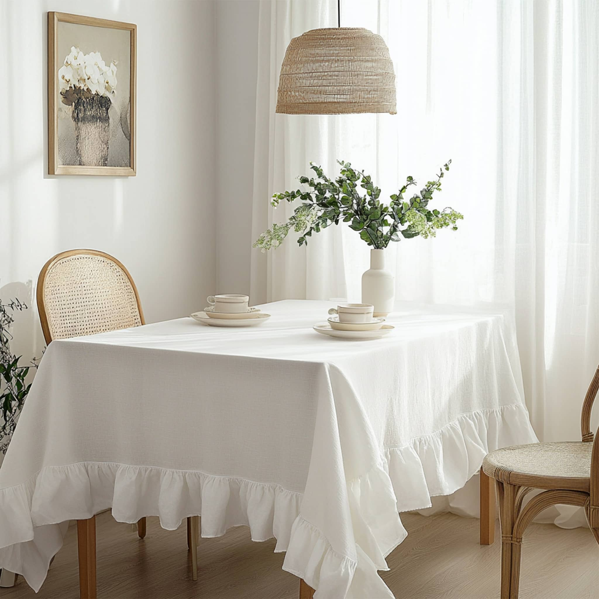 White ruffled linen tablecloth on a rustic dining table with floral decor - Linen Times