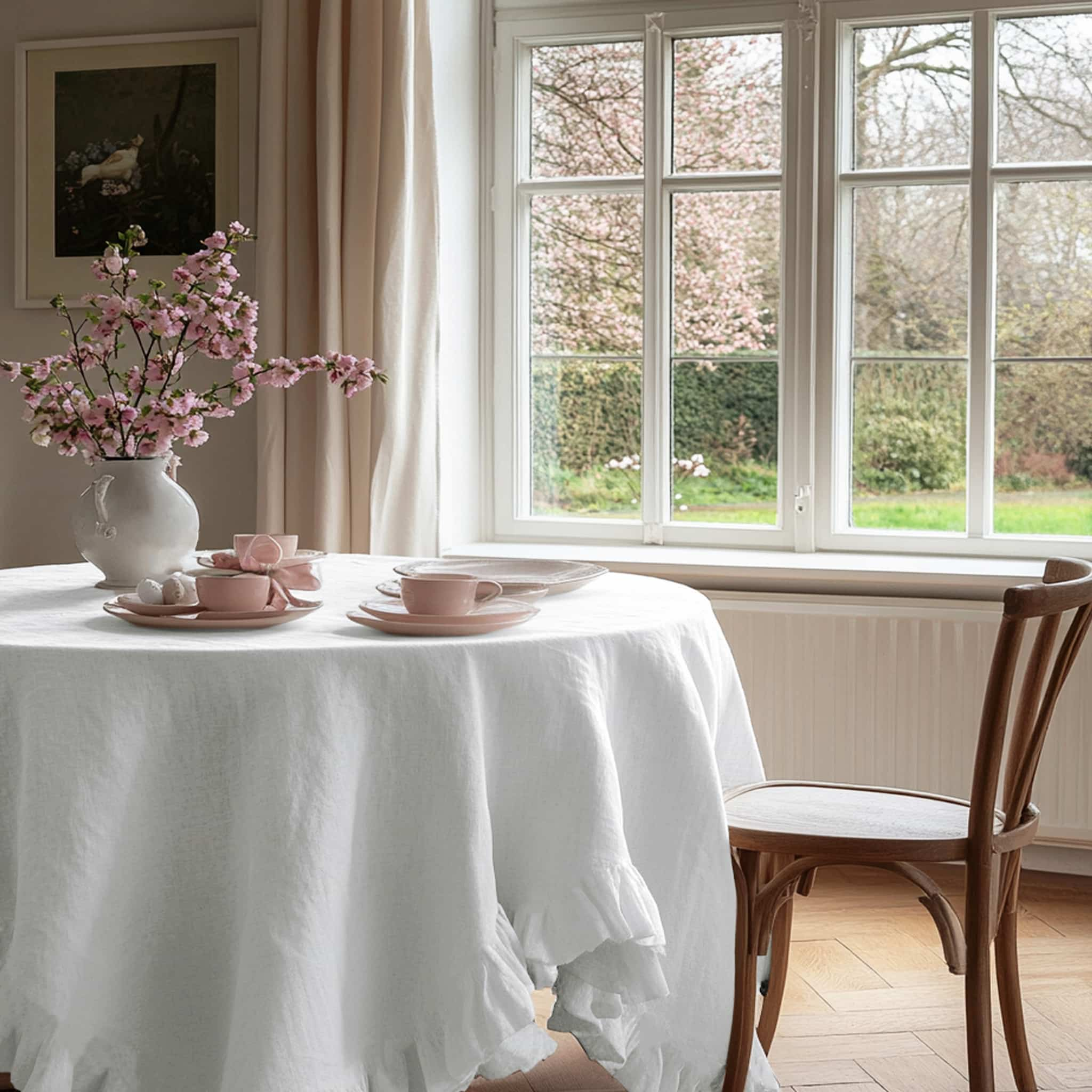 Close-up of flowing ruffles on the White Linen Tablecloth - Linen Times