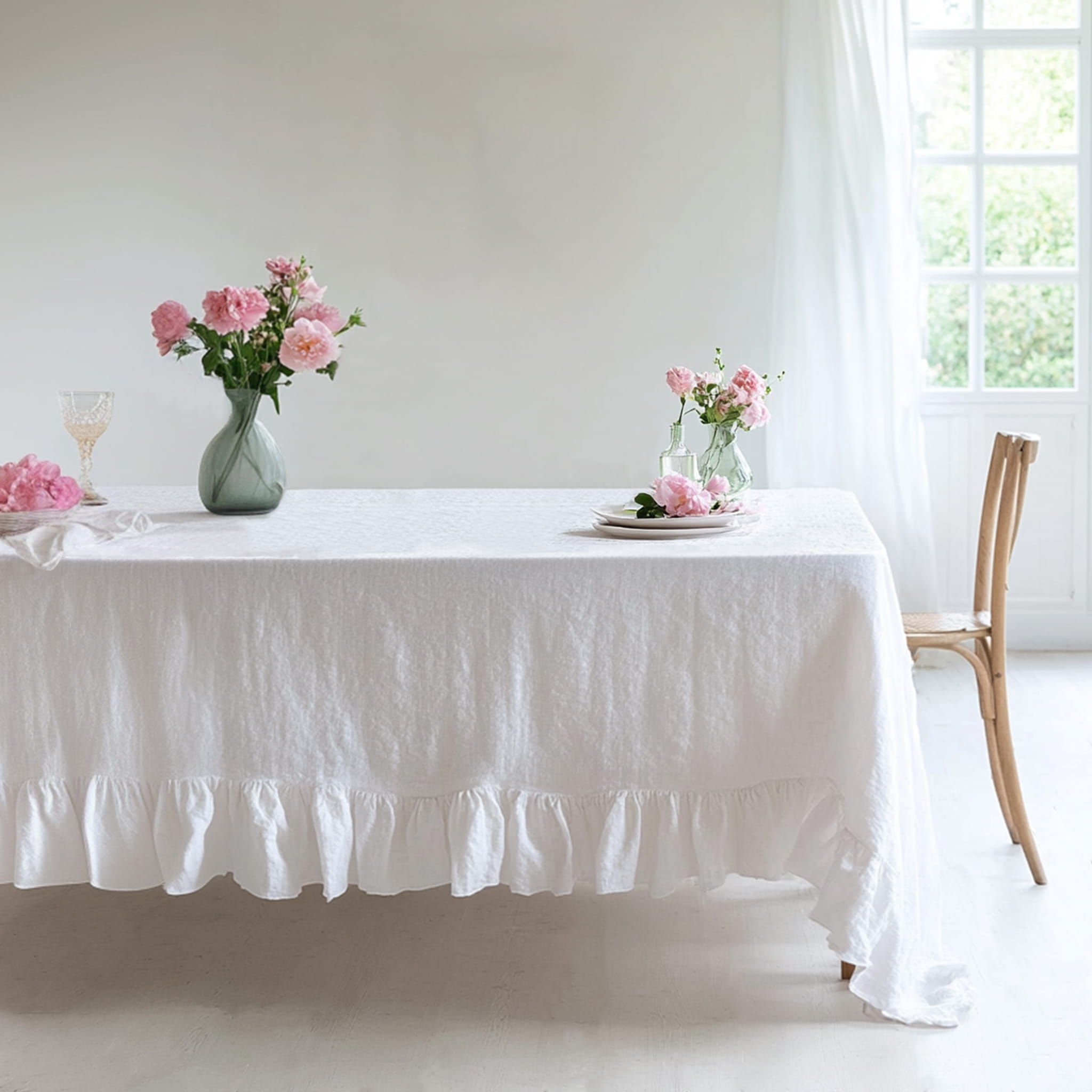 Close-up of flowing ruffles on the White Linen Tablecloth - Linen Times