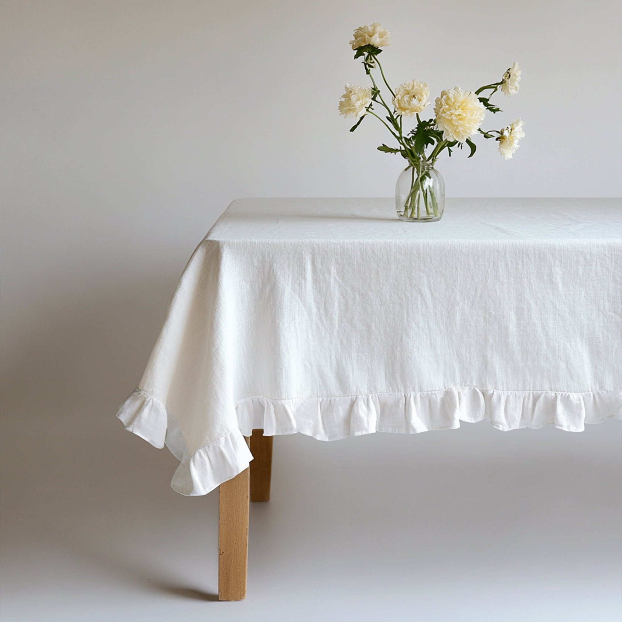 Close-up of flowing ruffles on the White Linen Tablecloth - Linen Times